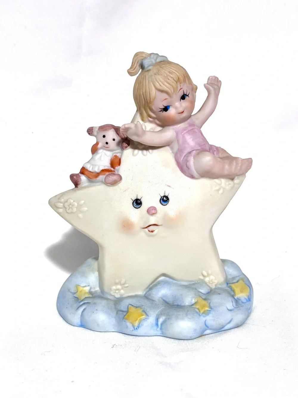 Vintage Celestial Hand-Painted Ceramic Star Figurine with Girl in Pink Outfit